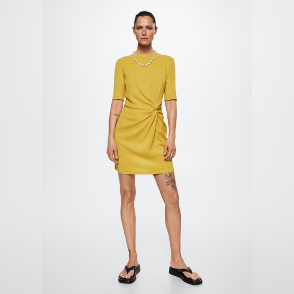 MNG Mango Ruched Detail Short Sleeve T-shirt Dress Chartreuse - Picture 3 of 9